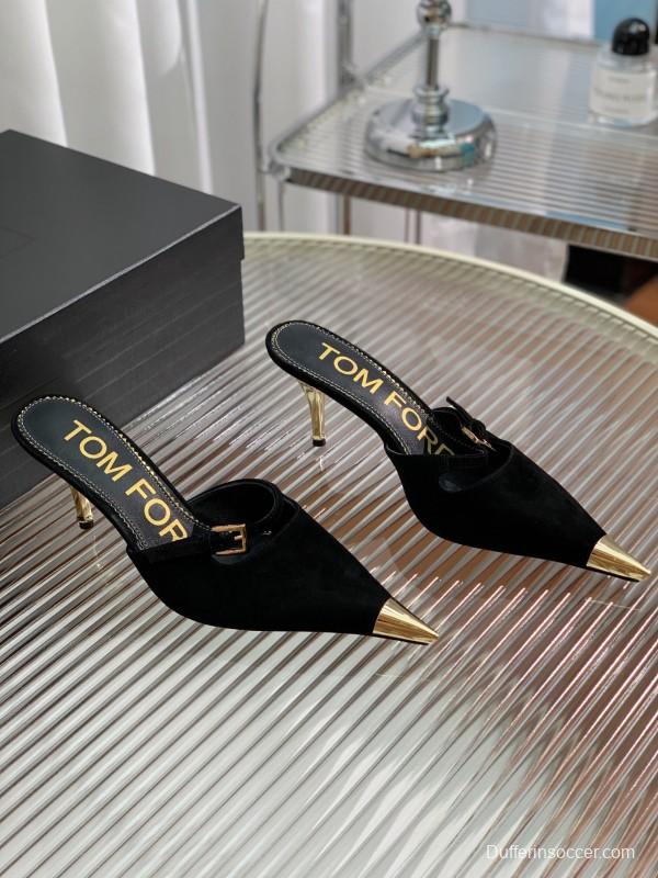 2025 Women TOM FORD Black Suede Leather Pointed Toe Metal Tip Mules