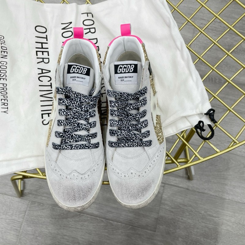 2024 Women GGDB Gold White Leather Glitter High Top Sneakers MJ015AM