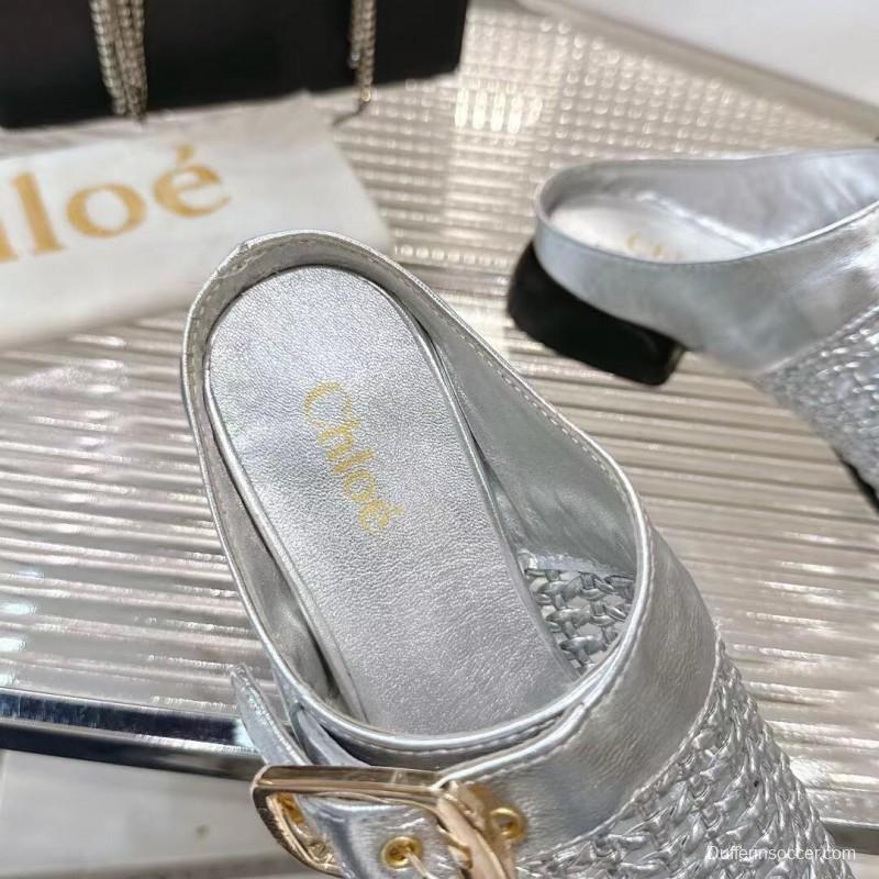 2025 Women Chloé Silver Leather Woven Slippers
