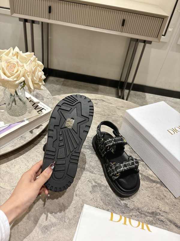 2025 Women Dior Black Fabric Leather Sandals KFY00300