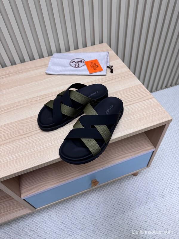 2025 Men Hermès Black Green Fabric Leather Slippers
