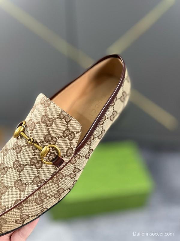 2024 Men Gucci Beige Brown Canvas Leather Loafer