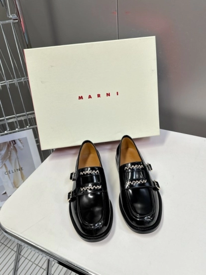 2025 Women Marni Black Leather Loafers KFY00320