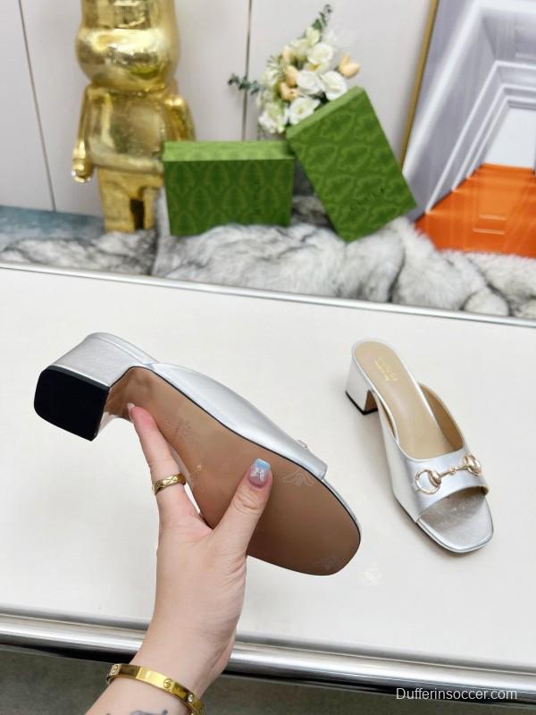 2025 Women Gucci Silver Leather Mules Horsebit MJ00180