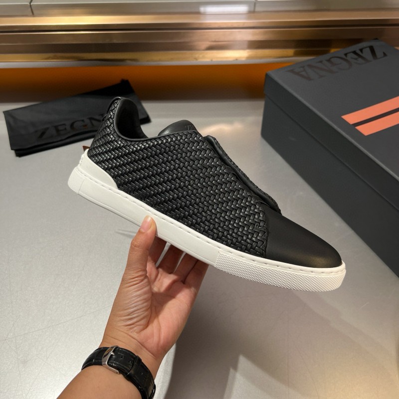 2024 Men Ermenegildo Zegna Black Smooth Calfskin Pelletessuta Sneakers Elastic Detail MJ00280