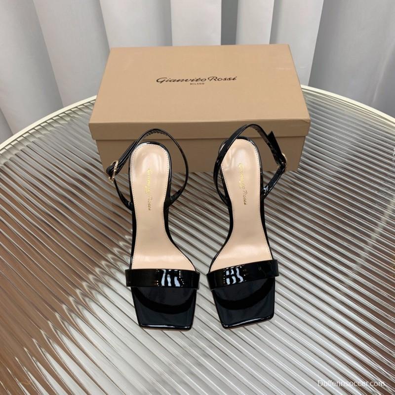 2025 Women Gianvito Rossi Black Patent Leather Slingback Sandals