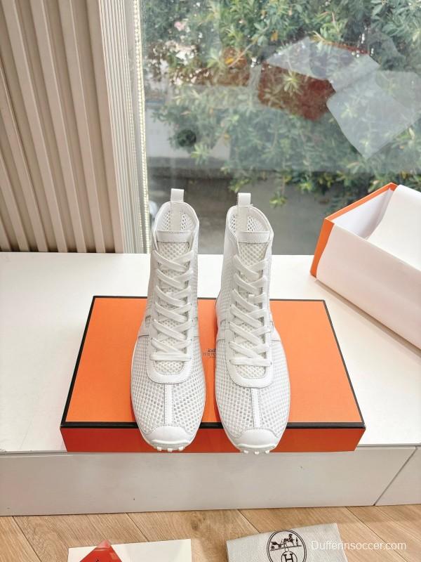 2025 Women Hermès White Leather Mesh Ankle Boots