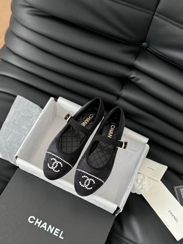 2025 Women Chanel Black Velvet Mary Jane Embroidered LY00280