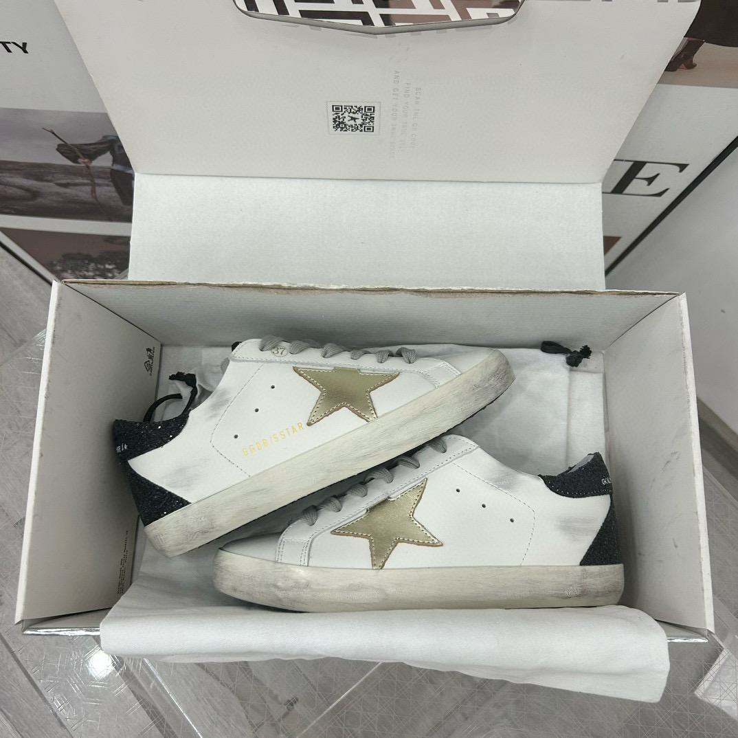 2025 Women GGDB White Gold Black Leather Sneakers