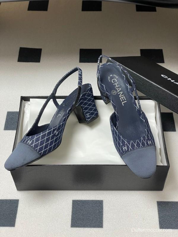 2025 Women Chanel Blue Denim Leather Sling-back Heels
