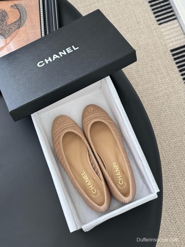2025 Women Chanel Beige Knit Ballet Flats LY00280