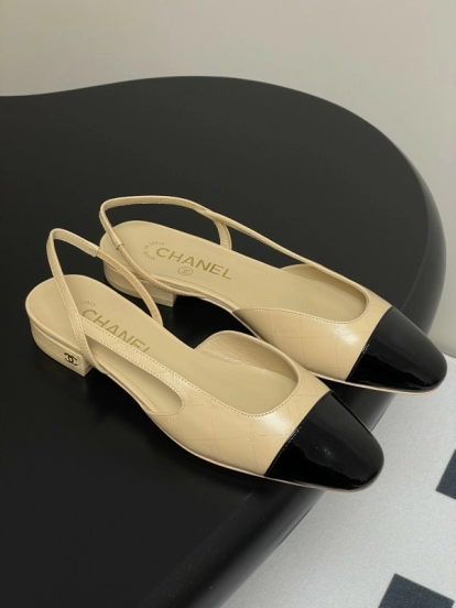 2025 Women Chanel Beige Black Leather Sling-back Flat Heel