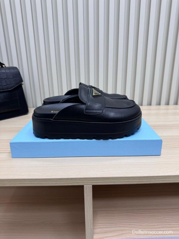 2025 Women Prada Black Leather Platform Loafers