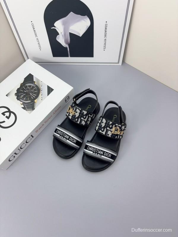 2025 Kids Dior Gray Black Canvas Leather Sandals
