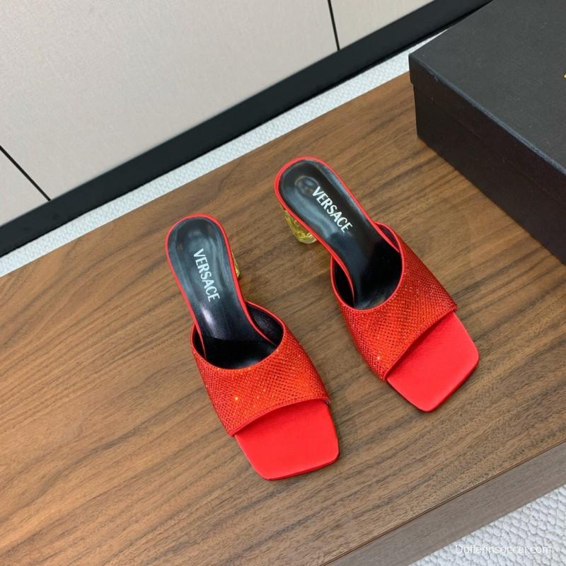 2025 Women VERSACE Red Leather Suede Slip-on Sandals