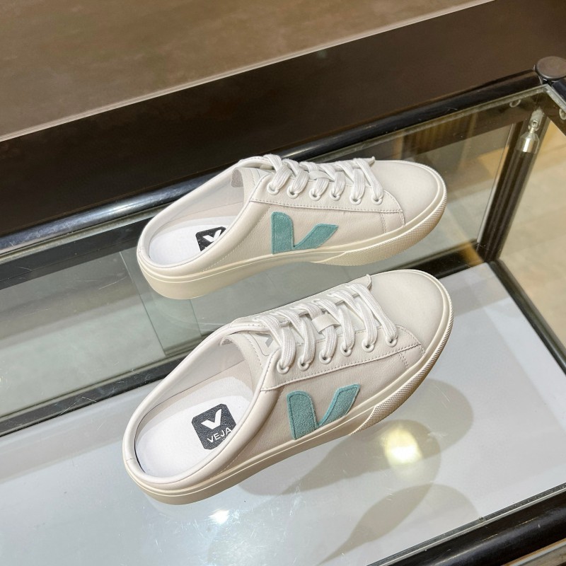 2025 VEJA White Blue Leather Canvas Slip-On Sneakers