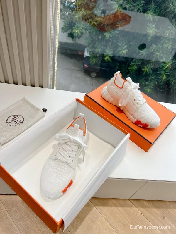 2024 Unisex Hermès white orange knit leather sneakers