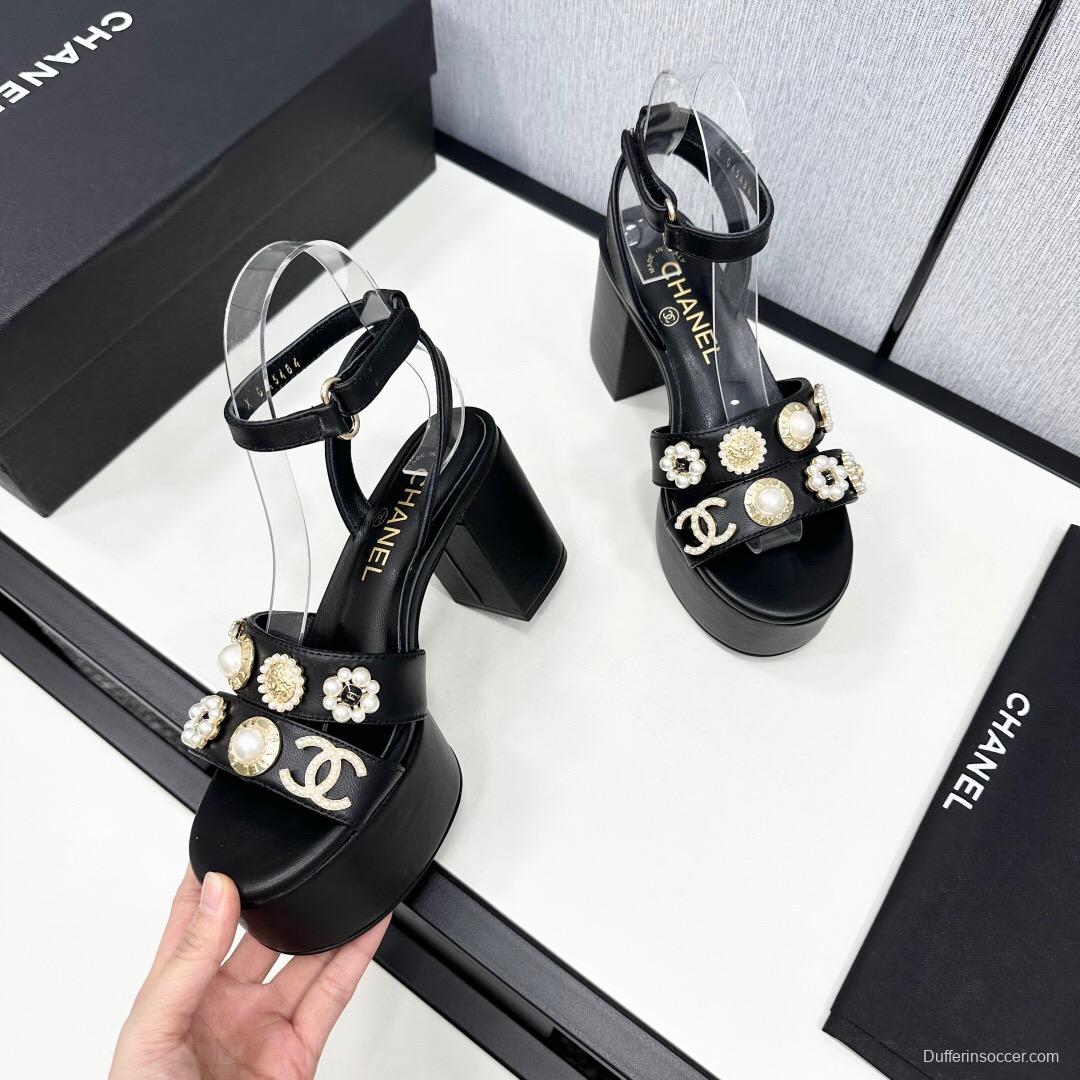 2025 Women Chanel Black Leather Platform Sandals CC Logo KFY00310