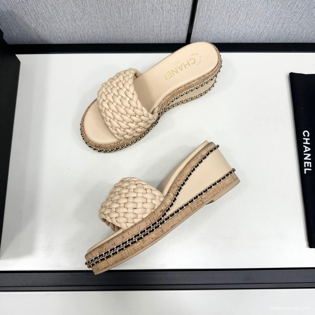 2025 Women Chanel Beige Leather Wedge Sandals
