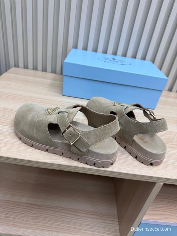 2025 Women Prada Khaki Suede Sandals LY00280