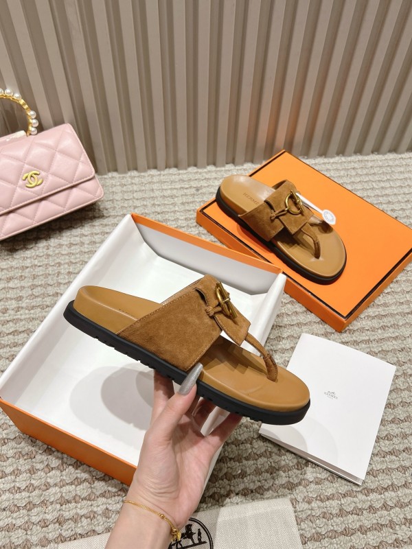 2025 Slippers Hermès Brown Suede Leather Casual LY00350