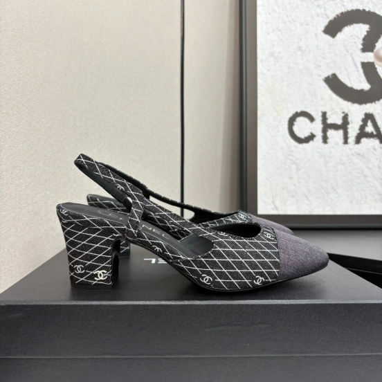 2025 Women Chanel Black White Fabric Slingback Heel LY00240