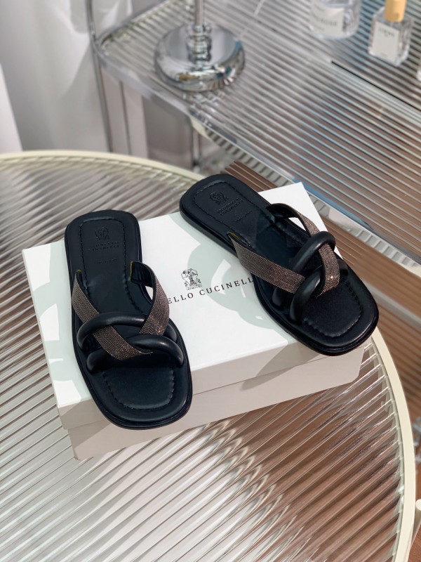 2025 Women Brunello Cucinelli Black Leather Flat Slides With Handwoven Beaded Straps KFY00300 (F)