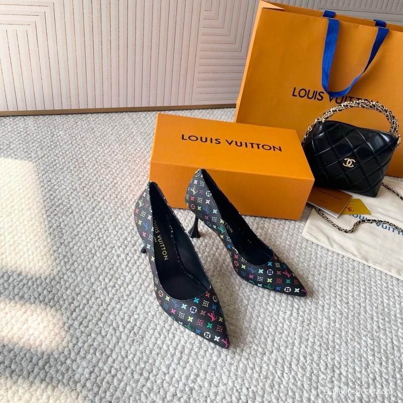 2025 Women Louis Vuitton Multicolor Canvas Leather Pumps