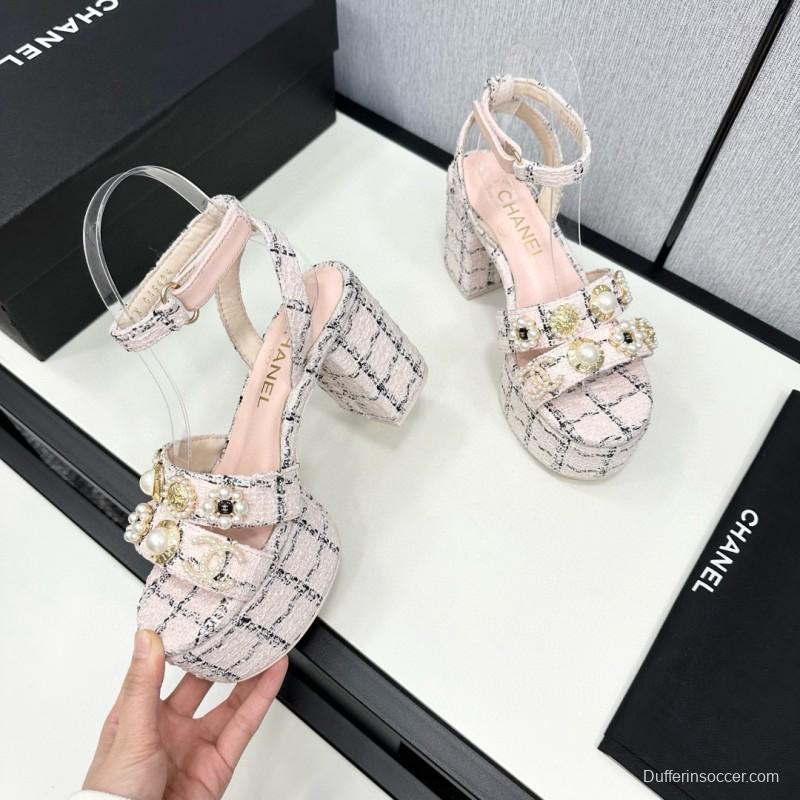 2025 Women Chanel Pink Black Wool Platform Sandals MJ00310