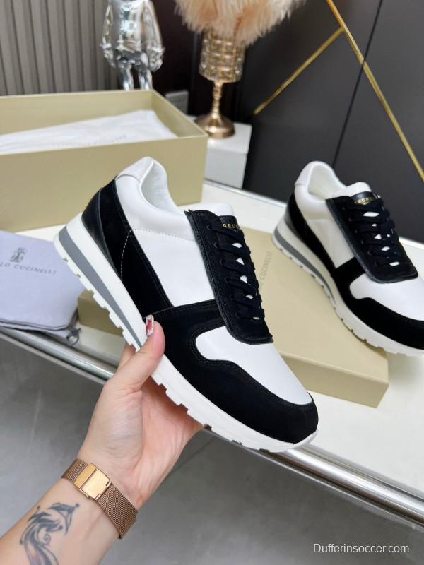 2024 Unisex Brunello Cucinelli Black White Suede Calfskin Leather Sneakers MJ00360