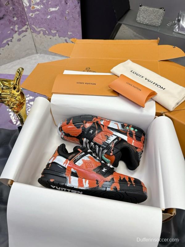 2024 Unisex Louis Vuitton Orange Black White Leather Denim Plimsolls Artist Hand-drawn MJ00780