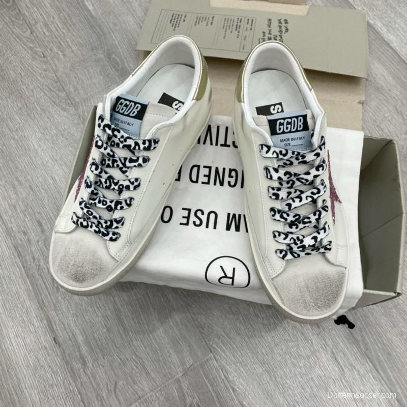2025 Women GGDB White Pink Leather Sneakers Glitter Star