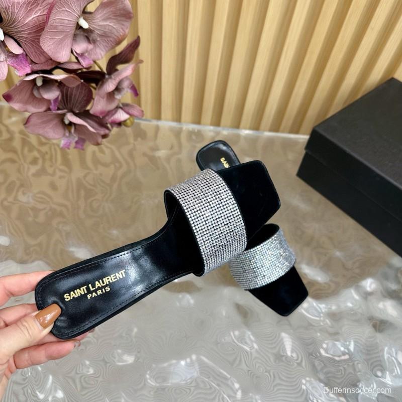 2025 Women Yves Saint Laurent Black Crystal Fabric High Heel Sandals MJ00300