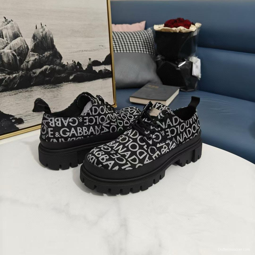 2024 Unisex Dolce & Gabbana Black White Leather Canvas Derby Chunky Shoes MJ00310
