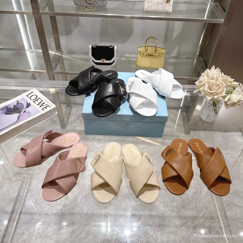 2025 Women Prada Pink Leather Slippers