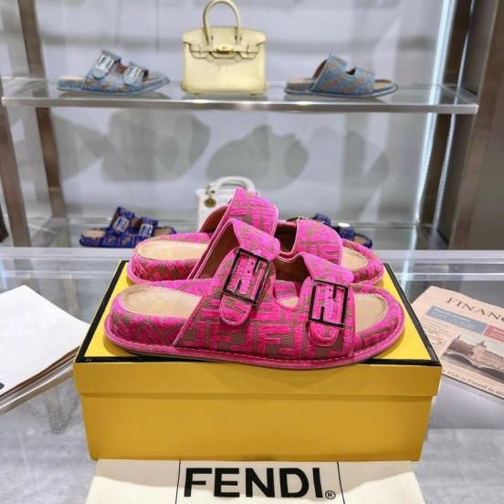 2025 Slippers Fendi Pink Jacquard Fabric Flat Buckle MJ00230