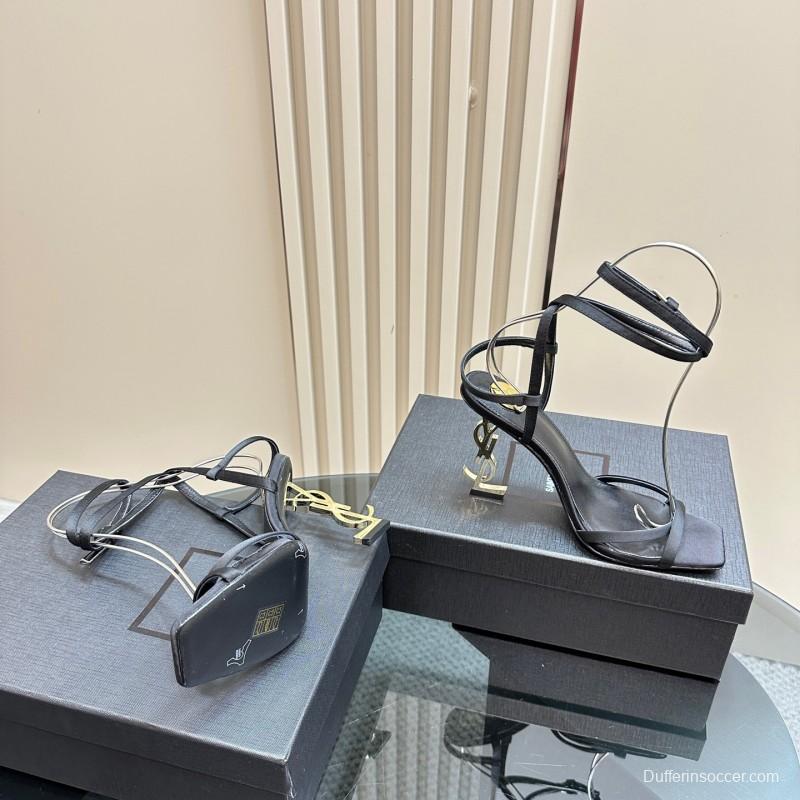 2025 Women Yves Saint Laurent Black Satin High Heel Sandals KFY00290