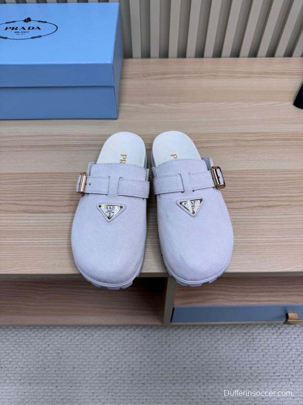 2025 Slippers Prada Light Gray Suede Slippers LY00280