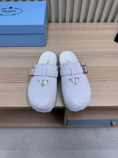 2025 Slippers Prada Light Gray Suede Slippers LY00280
