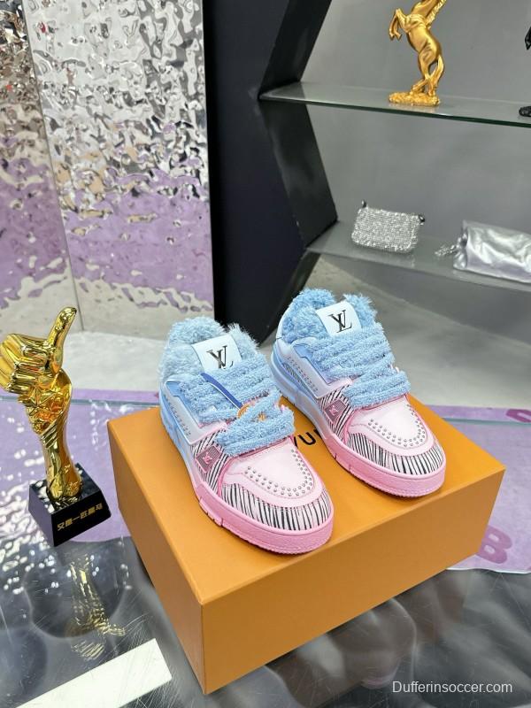 2024 Unisex Louis Vuitton Blue Pink Leather Sneakers