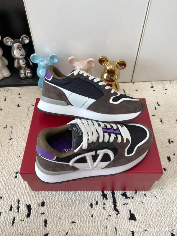 2025 Unisex Valentino Black Brown Purple Suede Leather Mesh Sneakers