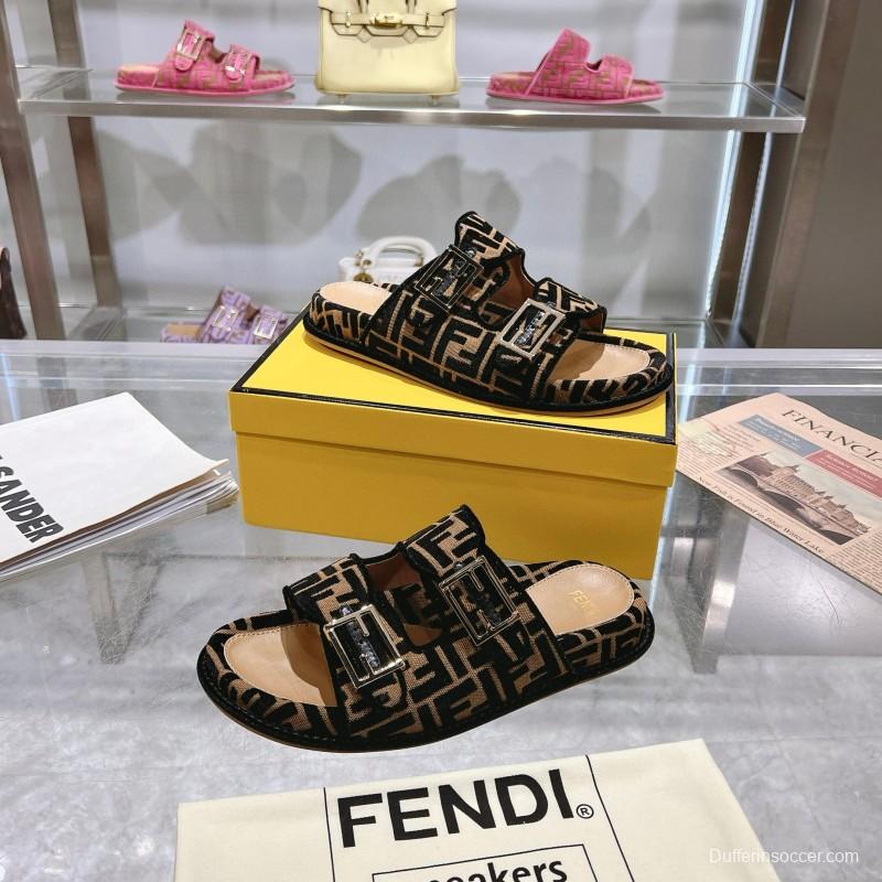 2025 Fendi Black Beige Jacquard Fabric Leather Slippers