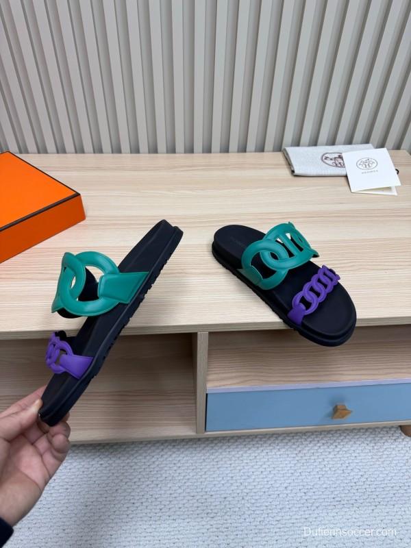 2025 Slippers Hermès Green Purple Rubber Casual LY00360