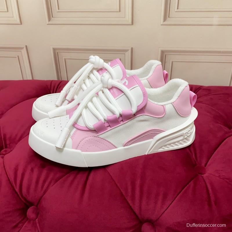 2025 Women Dolce & Gabbana White Pink Leather Mesh Sneakers