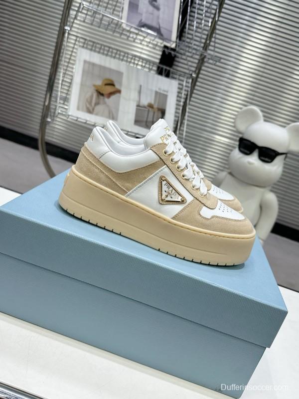 2025 Women Prada White Beige Leather Sneakers