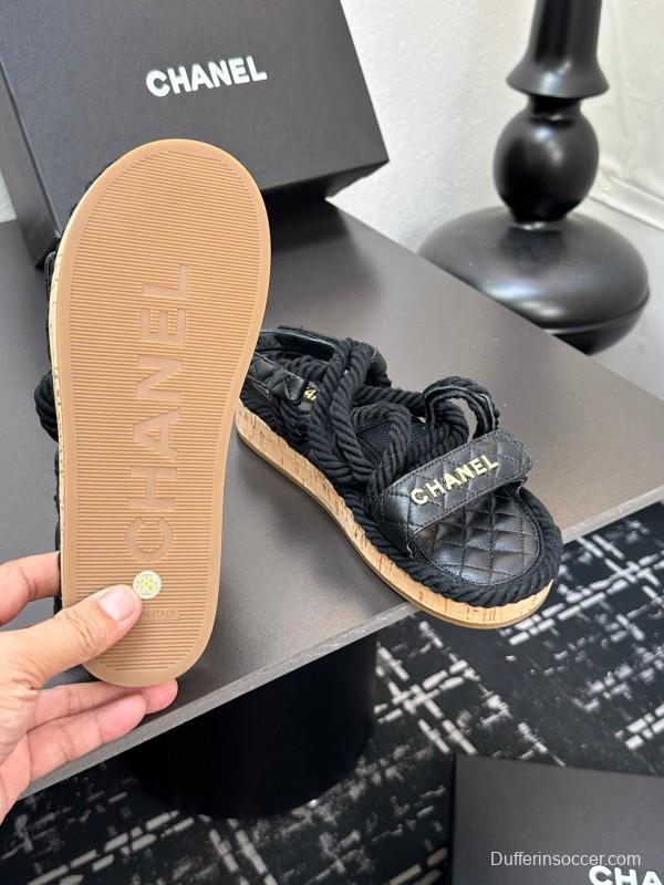 2025 Slippers Chanel Black Rope Leather Sandal LY00260