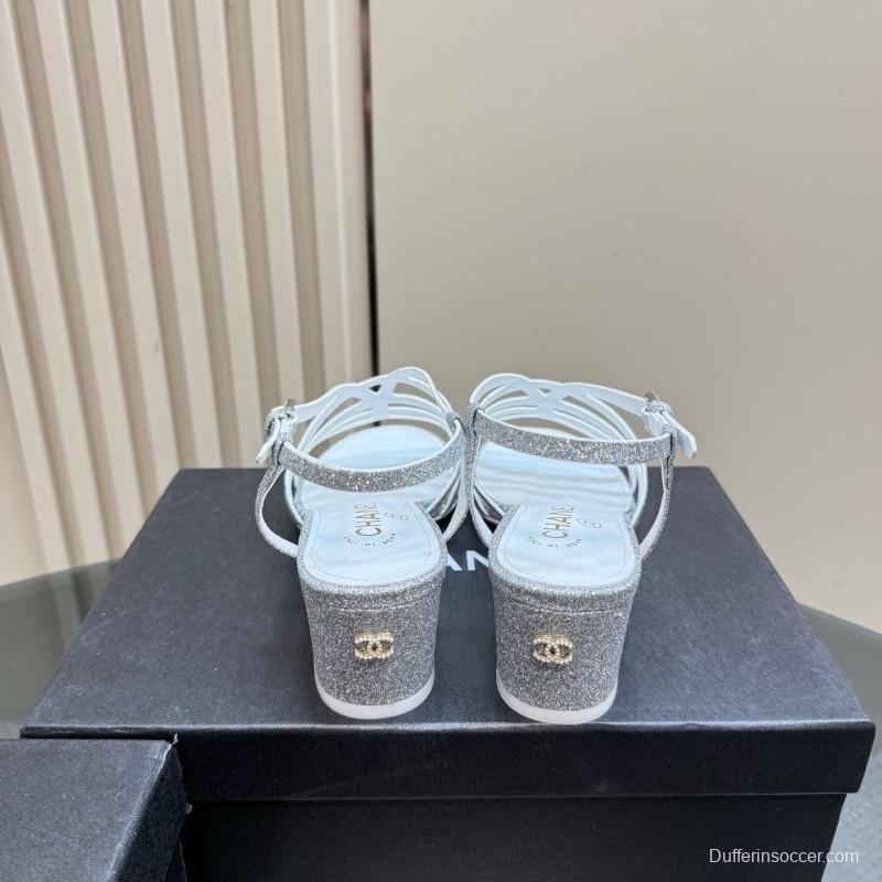 2025 Women Chanel Silver Leather Sandals