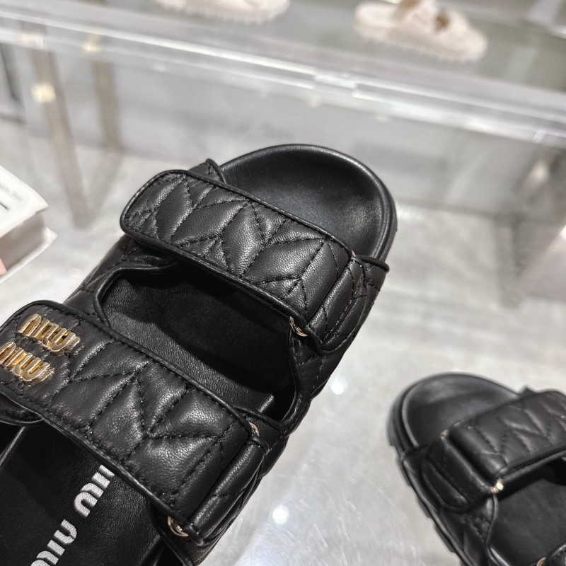 2025 Women Miu Miu Black Leather Slide Sandals