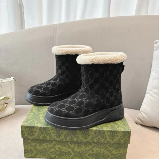2024 Women Gucci Black Suede Wool Snow Boots MJ00350