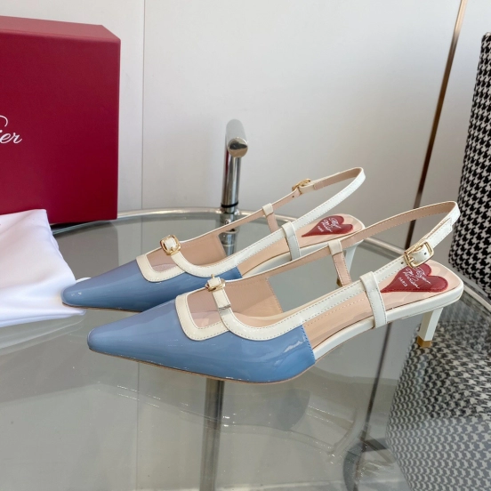 2025 Women Roger Vivier Blue White Patent Leather Slingback Pumps KFY00340